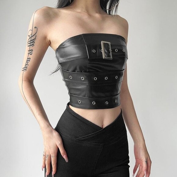 Punk Rock Buckle Up Bustier Top Sz L Stretchy Black Faux Leather Gothic Grommets - Picture 1 of 7